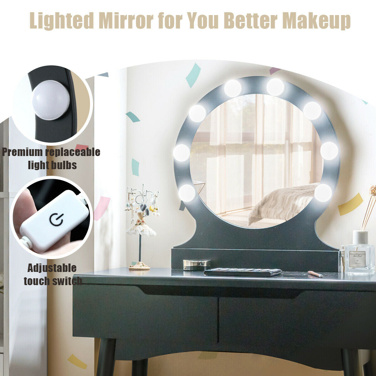 Vanity Makeup Dressing Set Lighted Mirror Touch Switch, Black Makeup Vanities at Gallery Canada