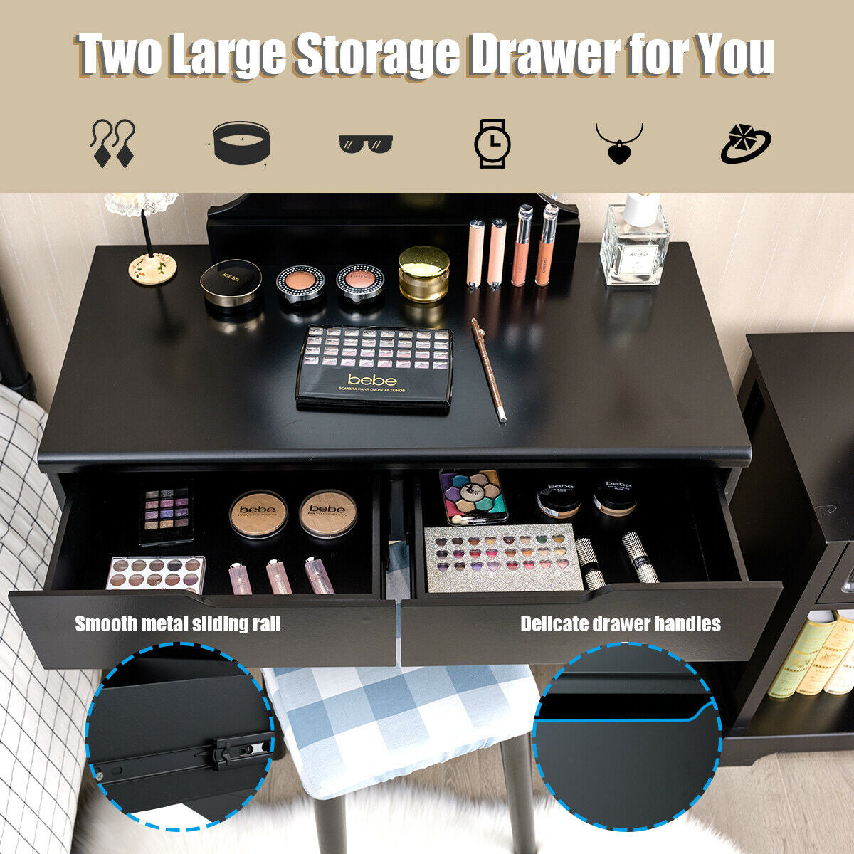 Vanity Makeup Dressing Set Lighted Mirror Touch Switch, Black Makeup Vanities at Gallery Canada