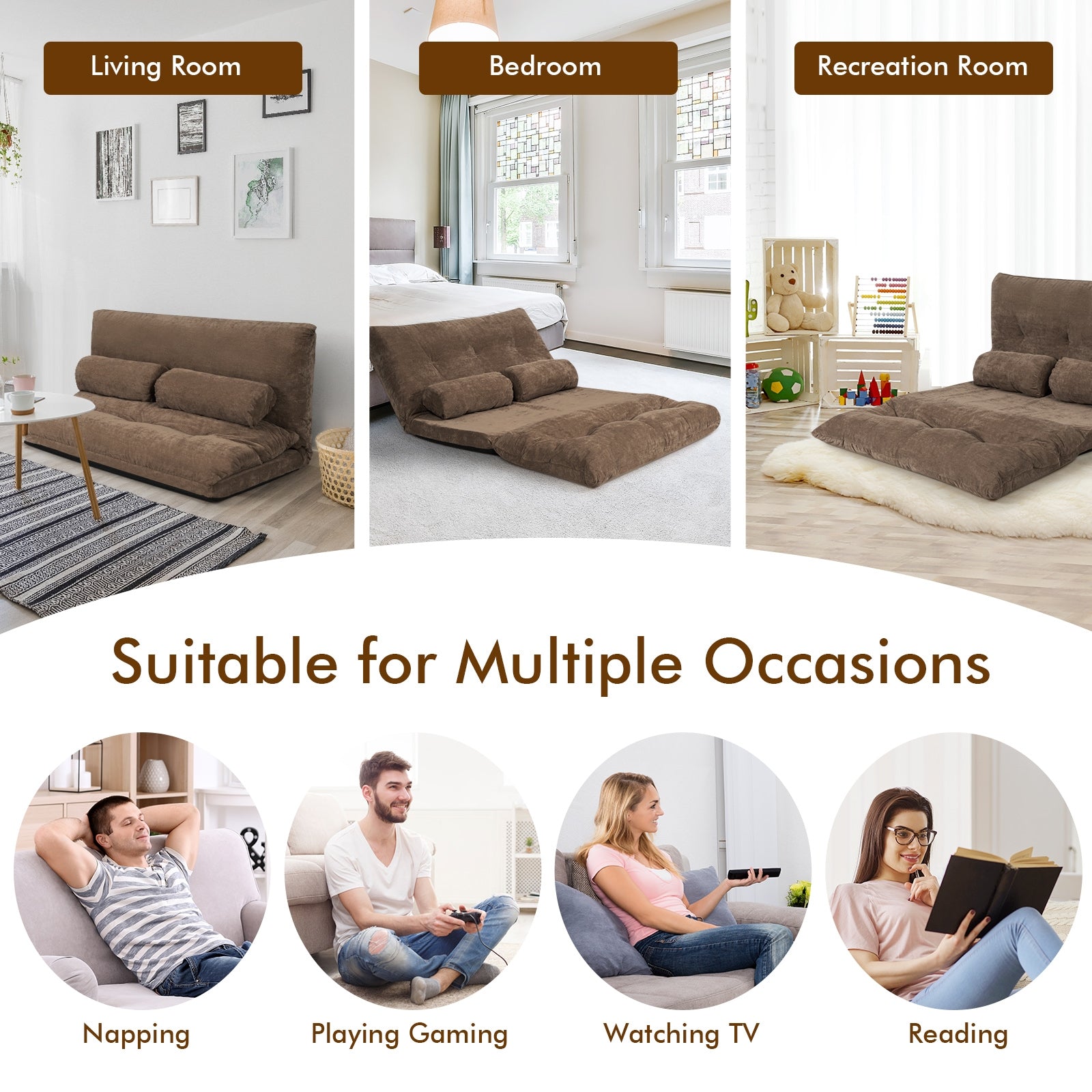 6-Position Adjustable Sleeper Lounge Couch, 2 Pillows, Brown Floor Chairs at Gallery Canada