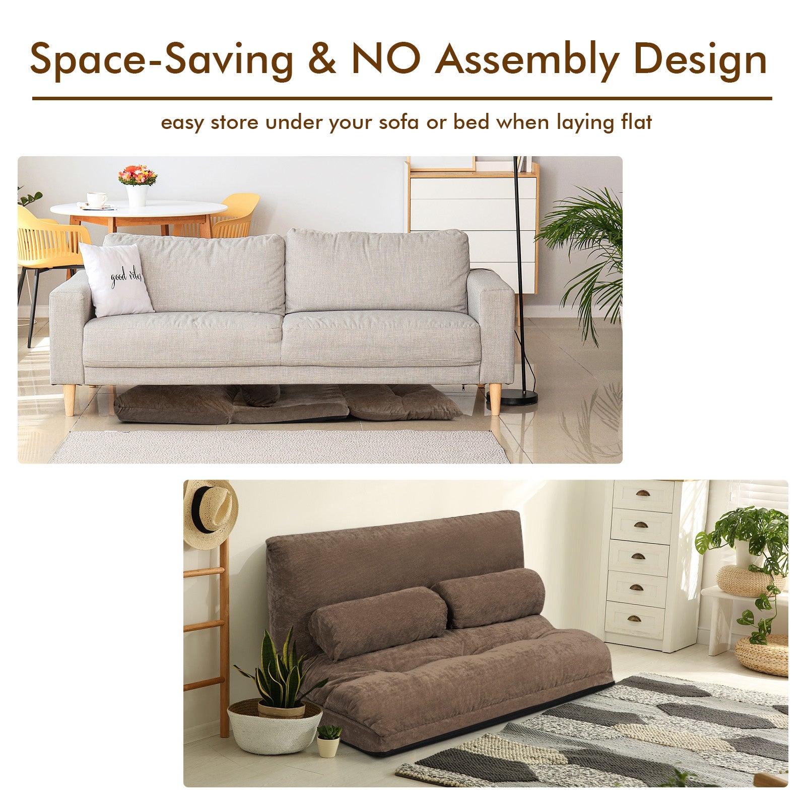 6-Position Adjustable Sleeper Lounge Couch, 2 Pillows, Brown Floor Chairs at Gallery Canada