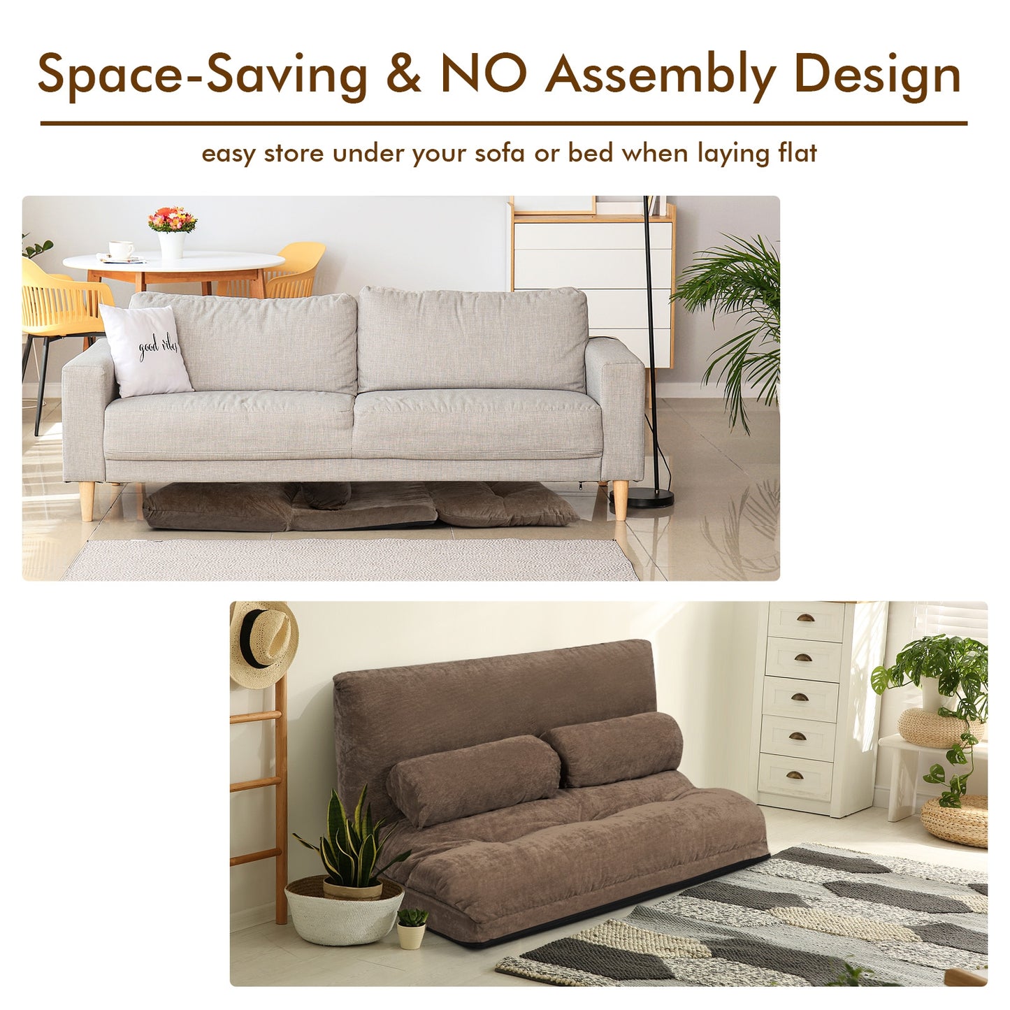 6-Position Adjustable Sleeper Lounge Couch, 2 Pillows, Brown Floor Chairs at Gallery Canada
