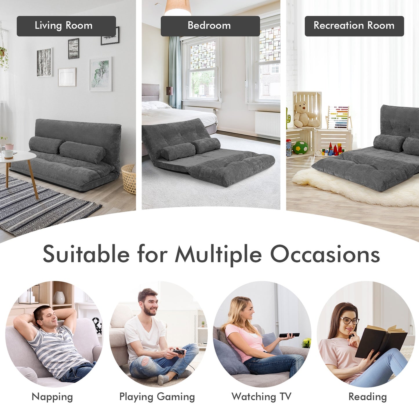 6-Position Adjustable Sleeper Lounge Couch, Gray Floor Chairs at Gallery Canada