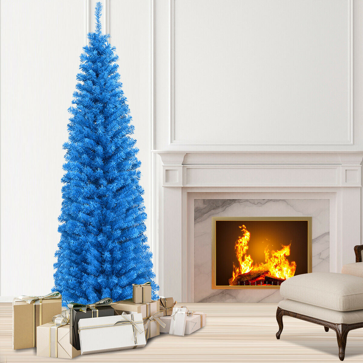 6 Feet Unlit Pencil Slim Tree Artificial Christmas Tree, Blue Christmas Tree at Gallery Canada