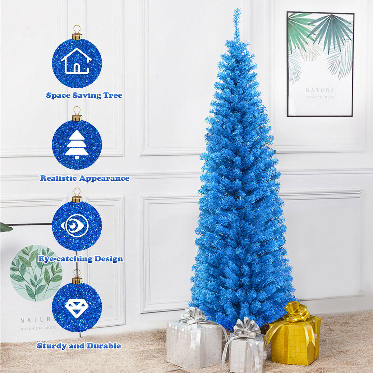 6 Feet Unlit Pencil Slim Tree Artificial Christmas Tree, Blue Christmas Tree at Gallery Canada