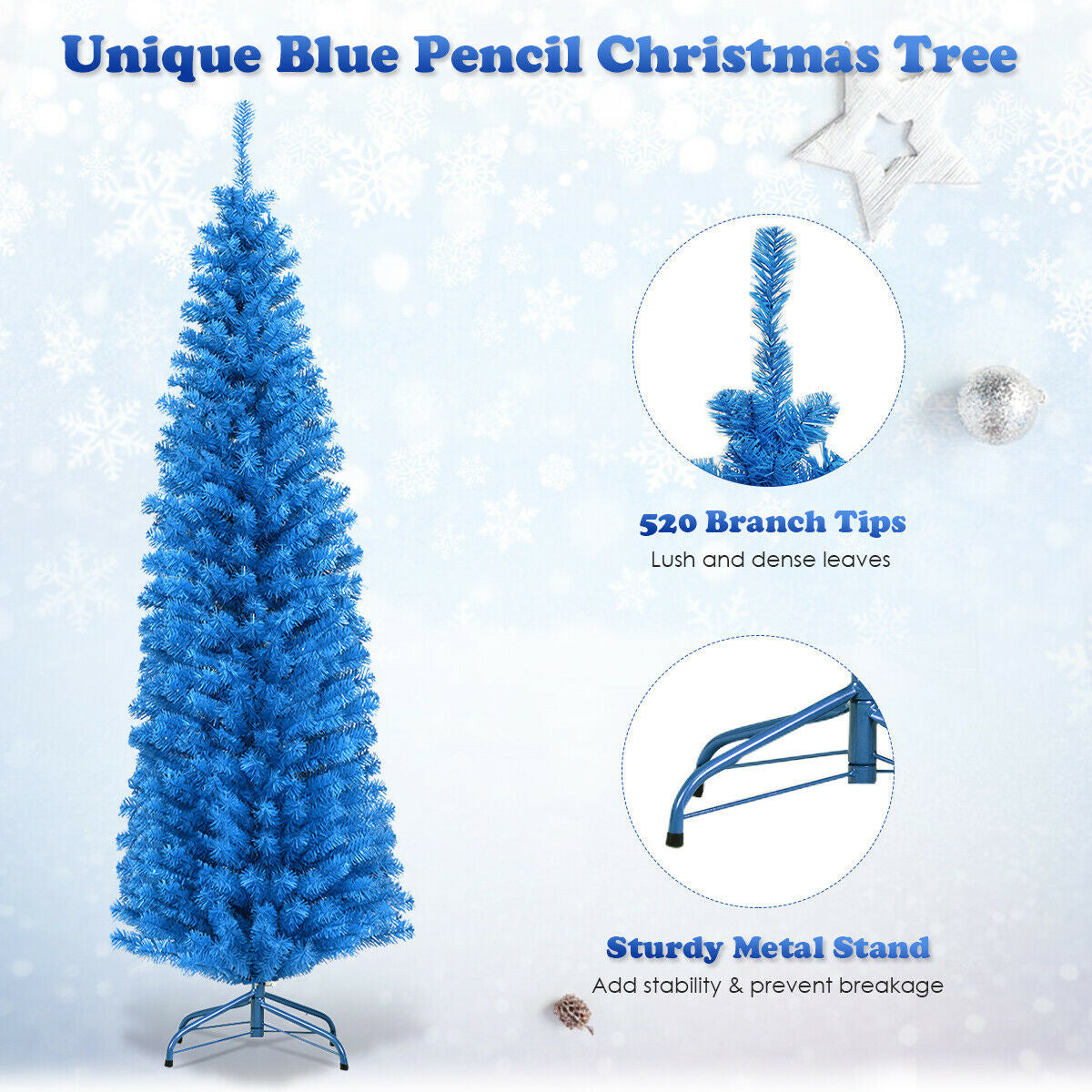6 Feet Unlit Pencil Slim Tree Artificial Christmas Tree, Blue Christmas Tree at Gallery Canada
