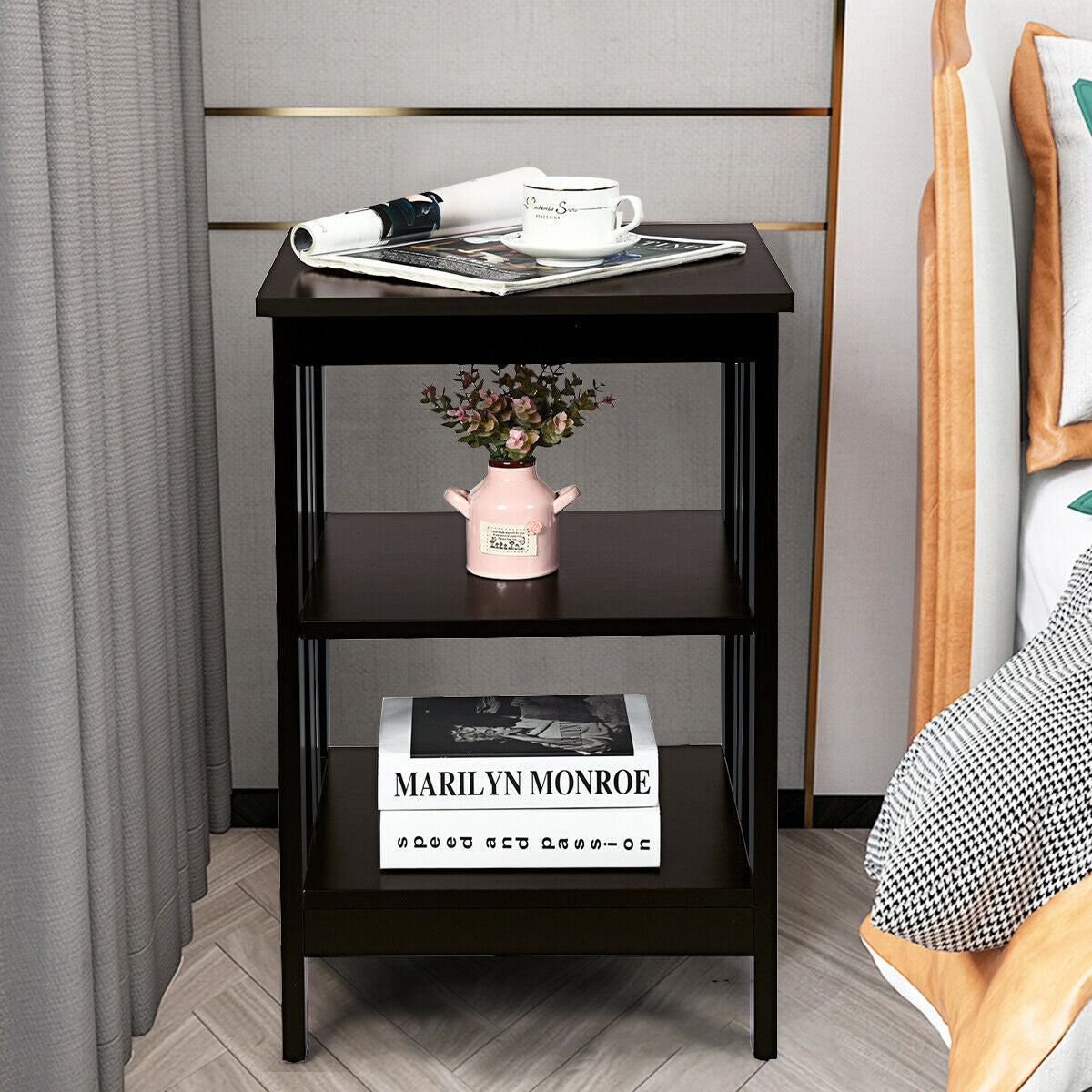 3-tier Side Table Nightstand with Stable Structure, Dark Brown