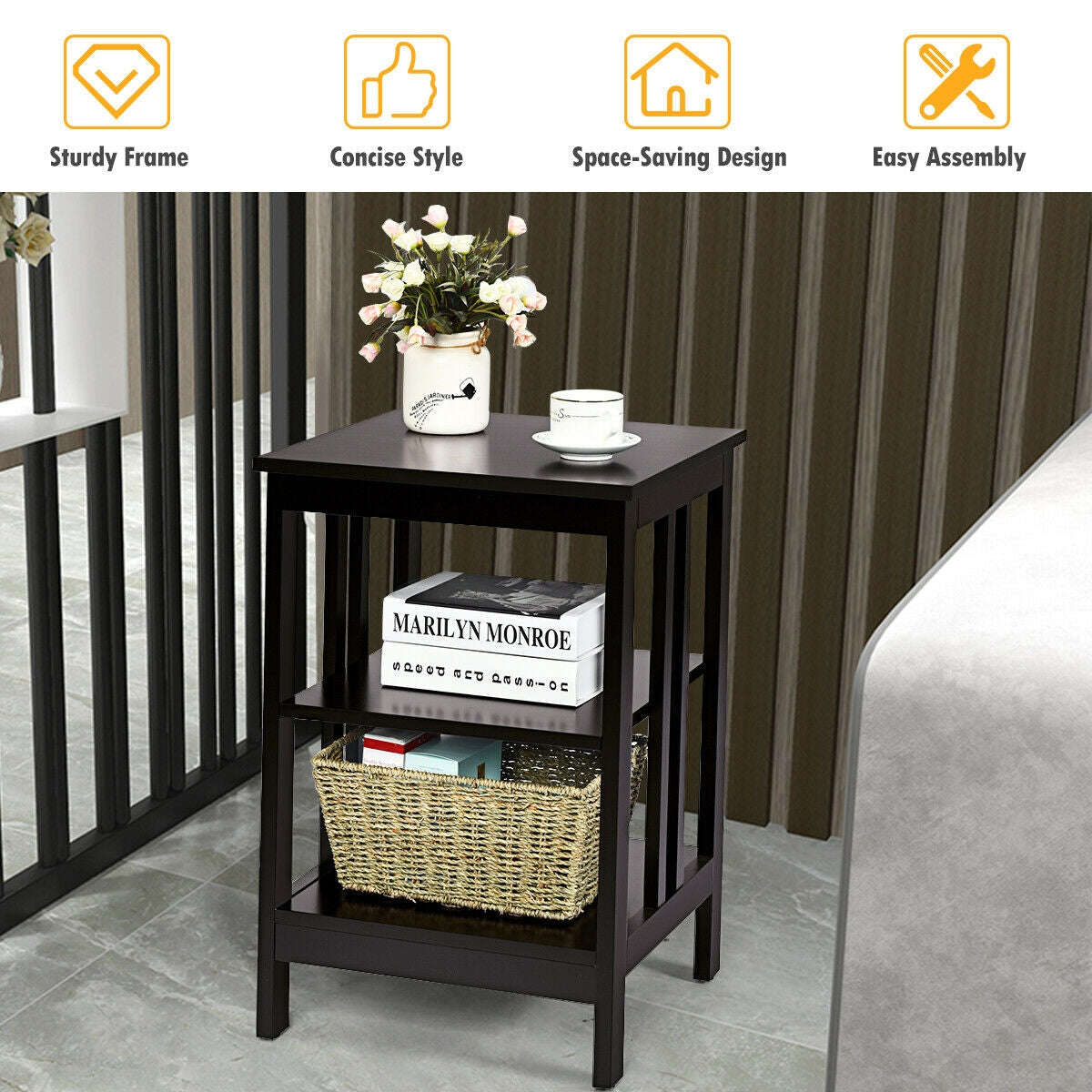 3-tier Side Table Nightstand with Stable Structure, Dark Brown Nightstands at Gallery Canada