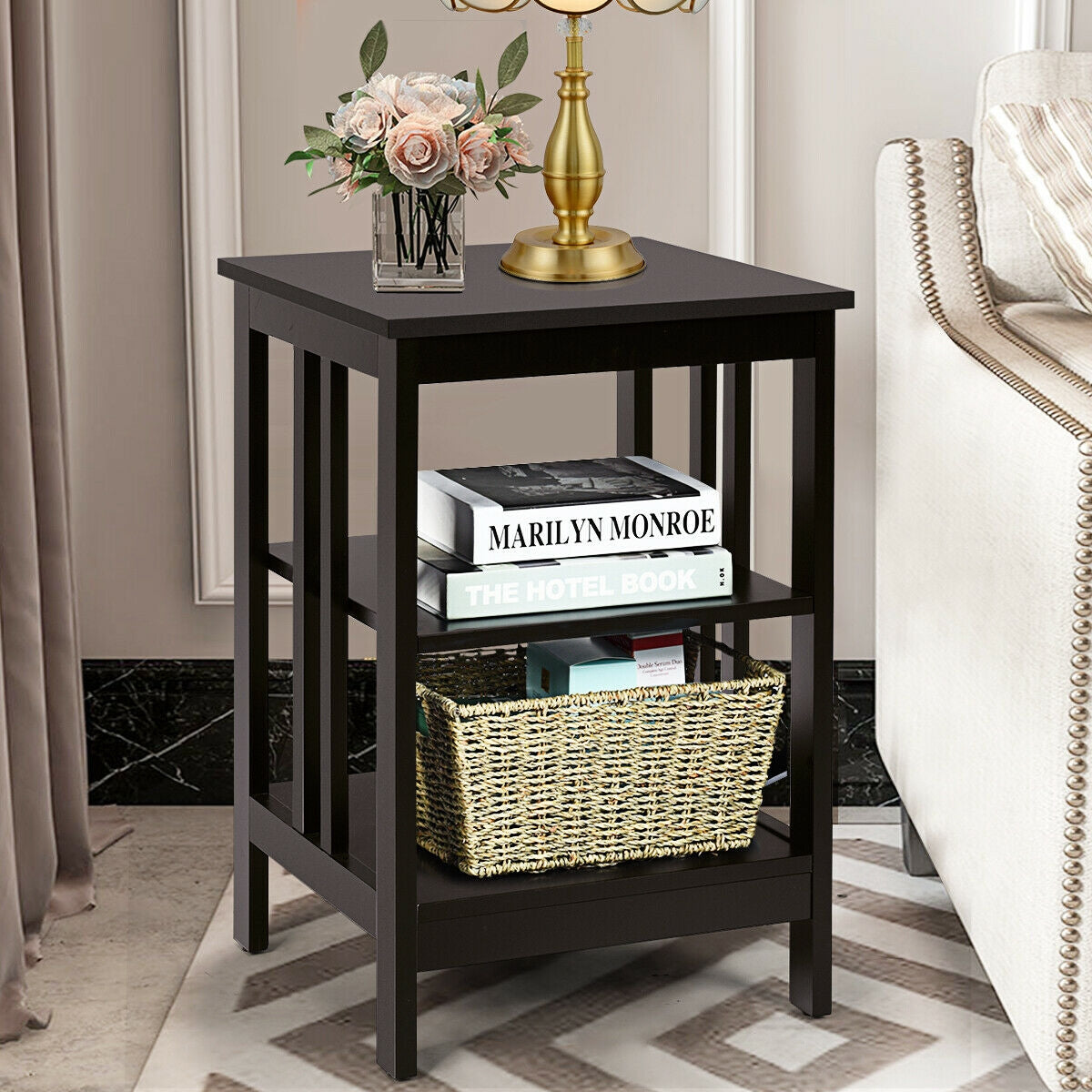 3-tier Side Table Nightstand with Stable Structure, Dark Brown