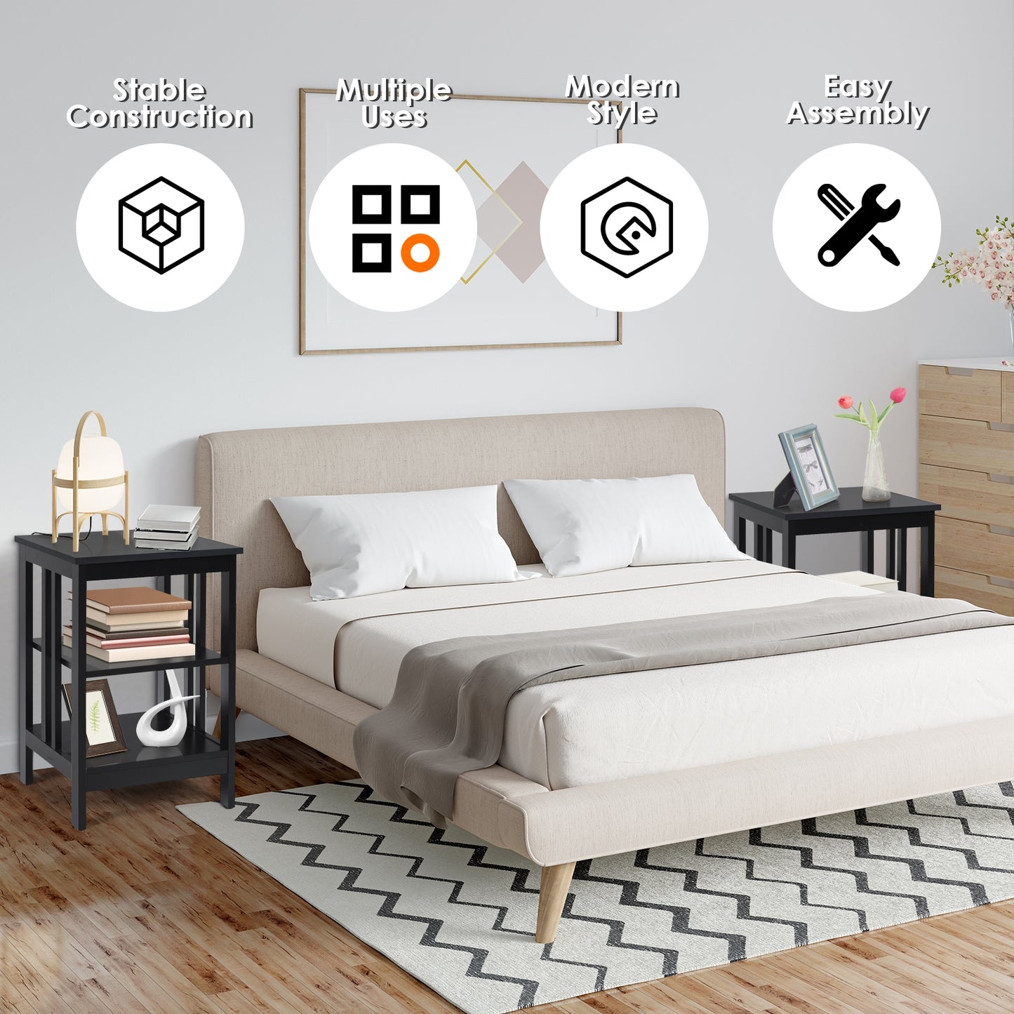 3-tier Side Table Nightstand with Stable Structure, Black