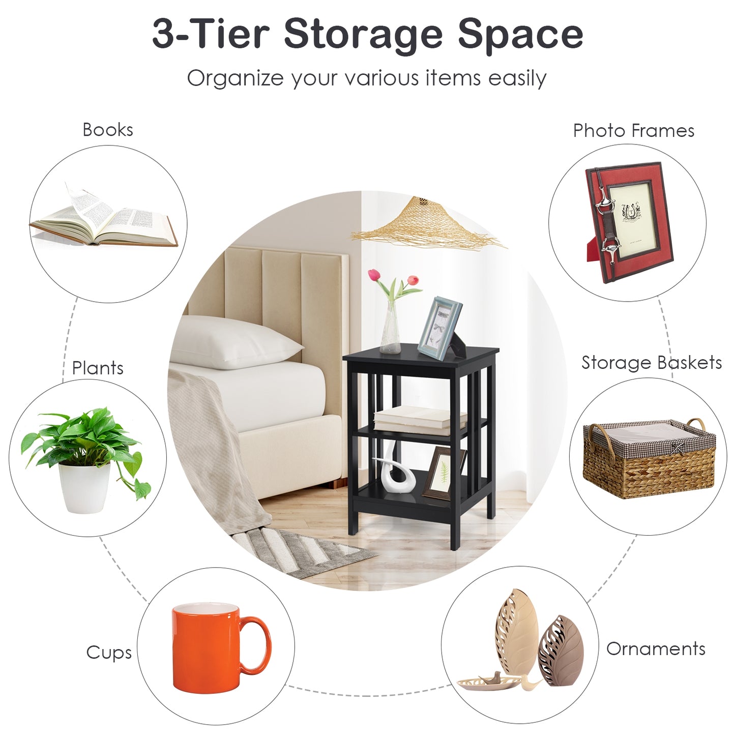 3-tier Side Table Nightstand with Stable Structure, Black