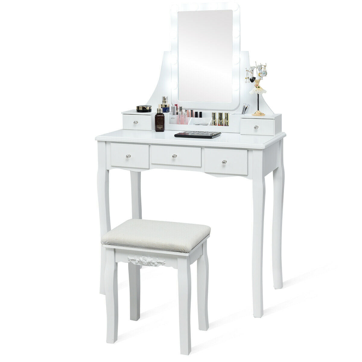 10 Dimmable Light Bulbs Vanity Dressing Table with 2 Dividers and Cushioned Stool, White Makeup Vanities at Gallery Canada