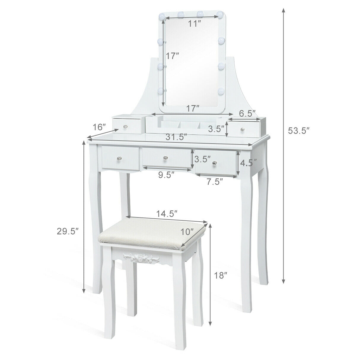 10 Dimmable Light Bulbs Vanity Dressing Table with 2 Dividers and Cushioned Stool, White Makeup Vanities at Gallery Canada