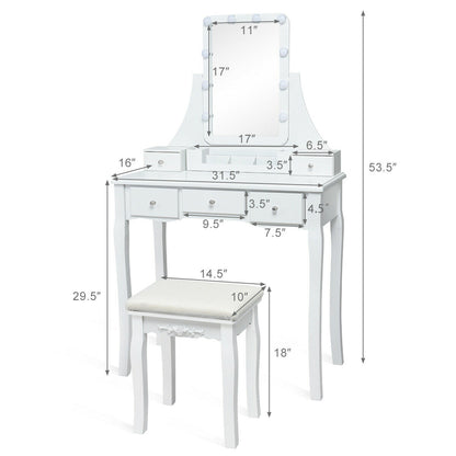 10 Dimmable Light Bulbs Vanity Dressing Table with 2 Dividers and Cushioned Stool, White Makeup Vanities at Gallery Canada