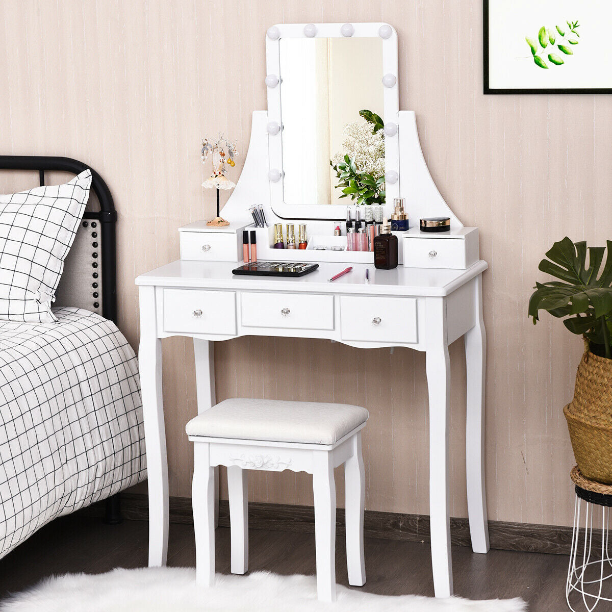 10 Dimmable Light Bulbs Vanity Dressing Table with 2 Dividers and Cushioned Stool, White Makeup Vanities at Gallery Canada