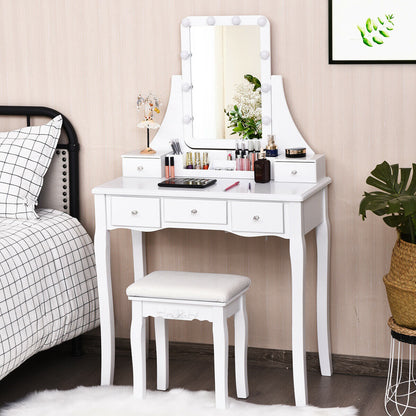10 Dimmable Light Bulbs Vanity Dressing Table with 2 Dividers and Cushioned Stool, White Makeup Vanities at Gallery Canada
