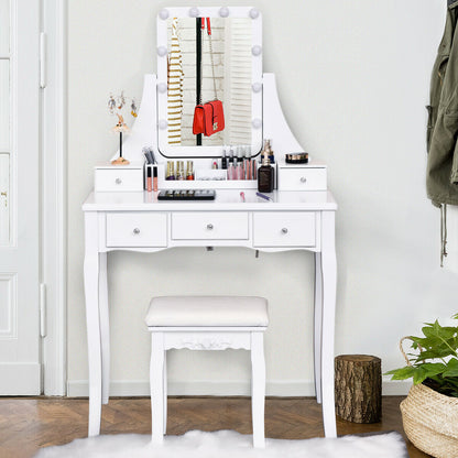 10 Dimmable Light Bulbs Vanity Dressing Table with 2 Dividers and Cushioned Stool, White Makeup Vanities at Gallery Canada