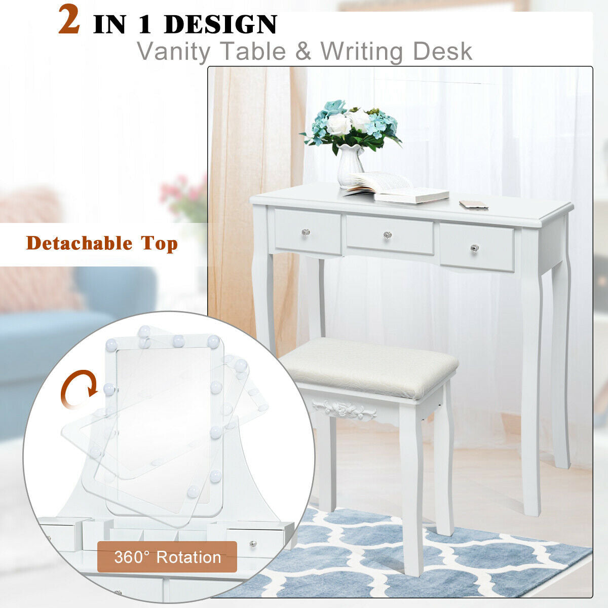 10 Dimmable Light Bulbs Vanity Dressing Table with 2 Dividers and Cushioned Stool, White Makeup Vanities at Gallery Canada