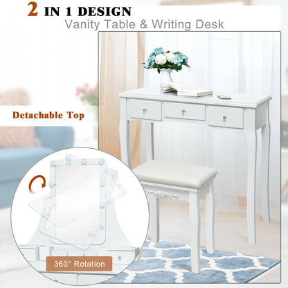 10 Dimmable Light Bulbs Vanity Dressing Table with 2 Dividers and Cushioned Stool, White Makeup Vanities at Gallery Canada
