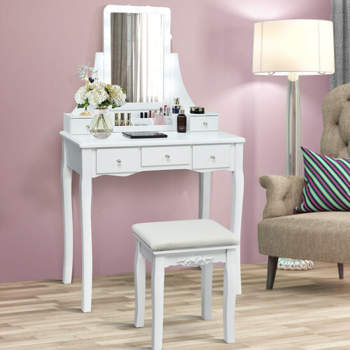 10 Dimmable Light Bulbs Vanity Dressing Table with 2 Dividers and Cushioned Stool, White Makeup Vanities at Gallery Canada