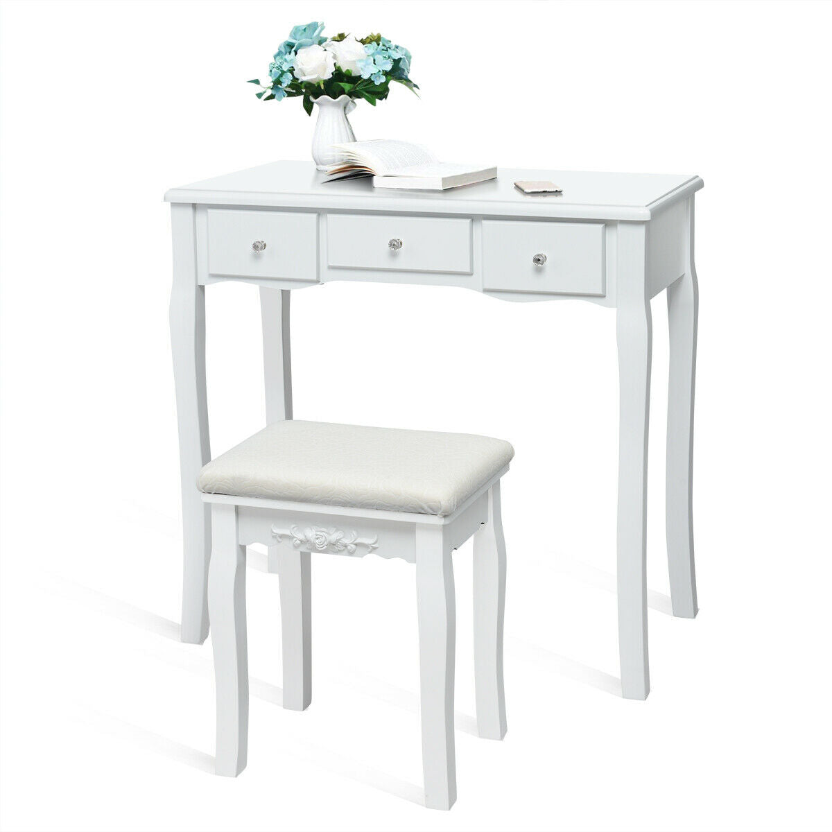 10 Dimmable Light Bulbs Vanity Dressing Table with 2 Dividers and Cushioned Stool, White Makeup Vanities at Gallery Canada