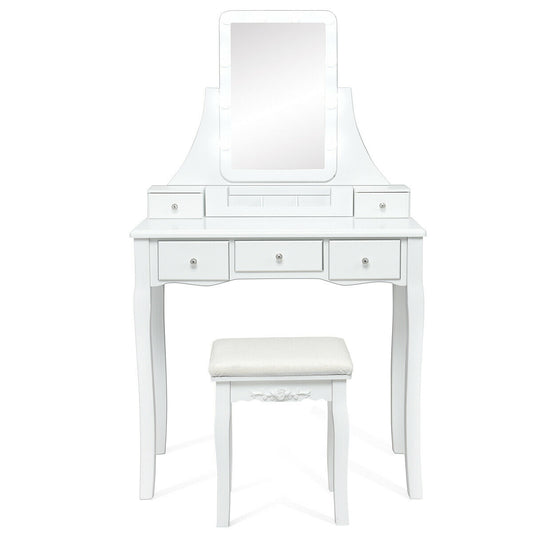 10 Dimmable Light Bulbs Vanity Dressing Table with 2 Dividers and Cushioned Stool, White Makeup Vanities White at Gallery Canada