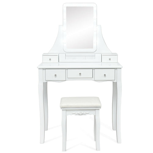 Dimmable Light Bulbs Vanity Dressing Table, 2 Dividers, Cushioned Stool, White