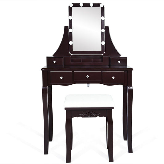10 Dimmable Light Bulbs Vanity Dressing Table with 2 Dividers and Cushioned Stool, Brown Makeup Vanities Brown at Gallery Canada