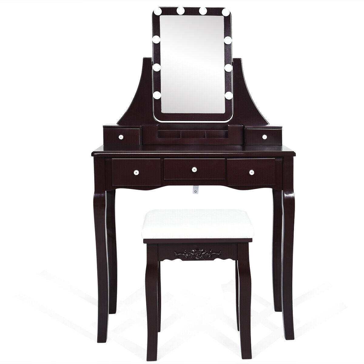 10 Dimmable Light Bulbs Vanity Dressing Table with 2 Dividers and Cushioned Stool, Brown Makeup Vanities at Gallery Canada