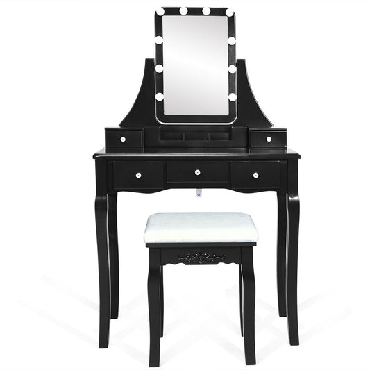 10 Dimmable Light Bulbs Vanity Dressing Table with 2 Dividers and Cushioned Stool, Black Makeup Vanities Black at Gallery Canada