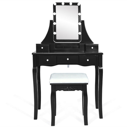 Dimmable Light Vanity Table With Dividers, Cushioned Stool, Black
