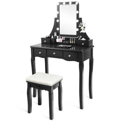 10 Dimmable Light Bulbs Vanity Dressing Table with 2 Dividers and Cushioned Stool, Black Makeup Vanities at Gallery Canada