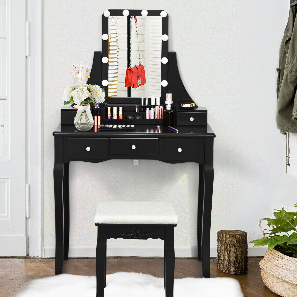 10 Dimmable Light Bulbs Vanity Dressing Table with 2 Dividers and Cushioned Stool, Black Makeup Vanities at Gallery Canada