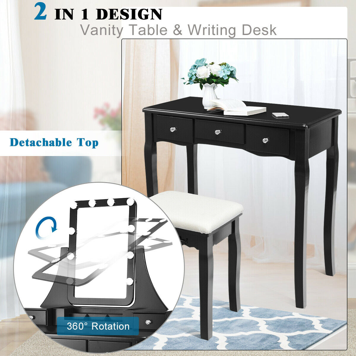10 Dimmable Light Bulbs Vanity Dressing Table with 2 Dividers and Cushioned Stool, Black Makeup Vanities at Gallery Canada