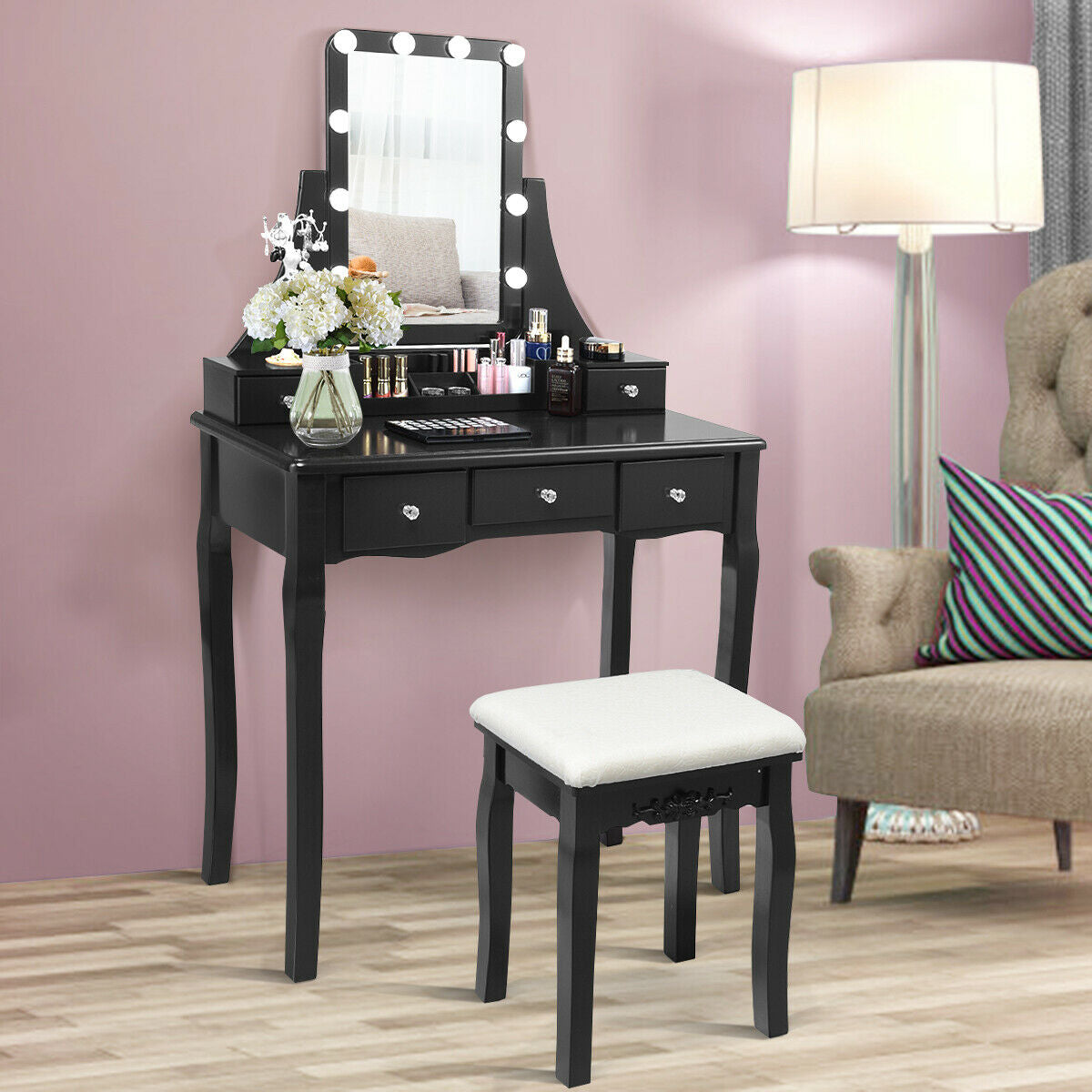 10 Dimmable Light Bulbs Vanity Dressing Table with 2 Dividers and Cushioned Stool, Black Makeup Vanities at Gallery Canada