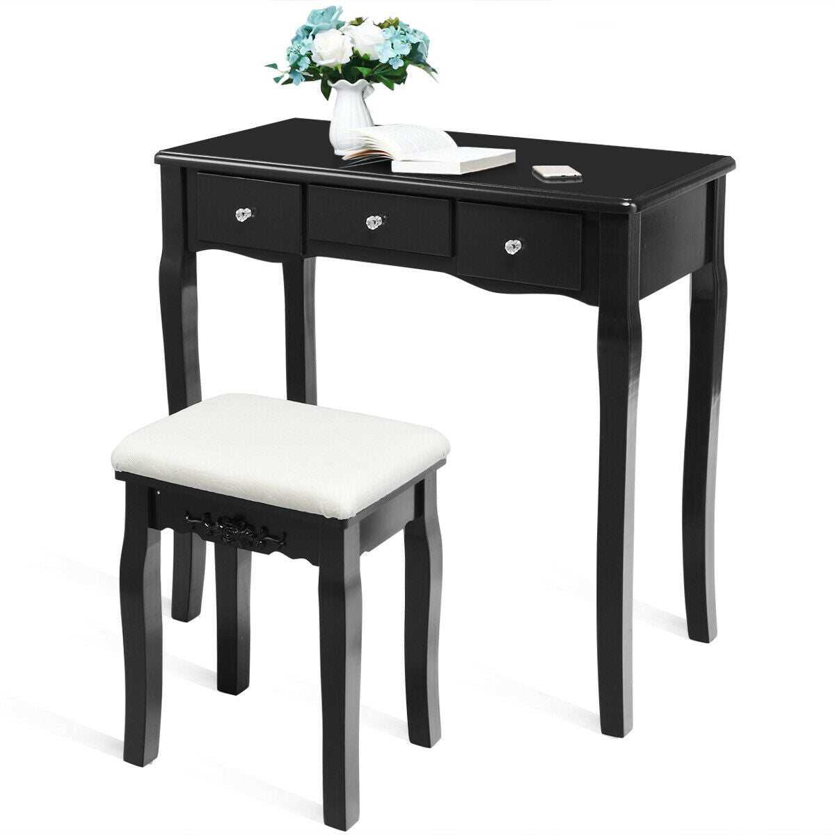 10 Dimmable Light Bulbs Vanity Dressing Table with 2 Dividers and Cushioned Stool, Black Makeup Vanities at Gallery Canada