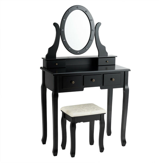 5 Drawer Vanity Table Stool Set, 12 LED Bulbs, Black Makeup Vanities Black at Gallery Canada