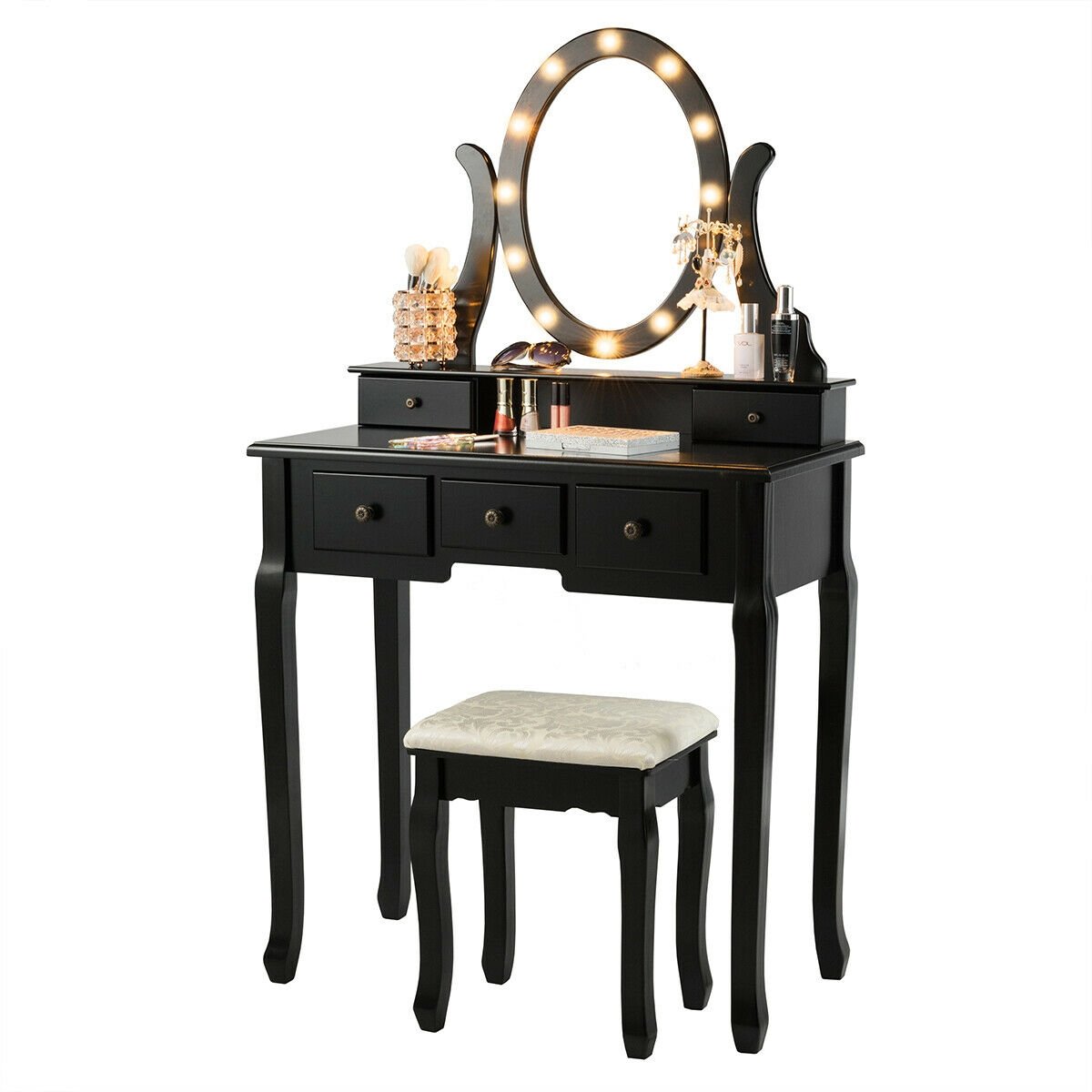 5 Drawers Vanity Table Stool Set with 12-LED Bulbs, Black - Gallery Canada