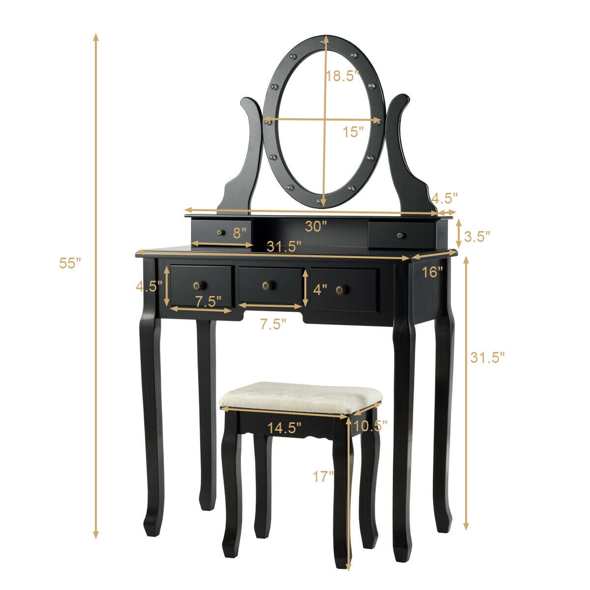5 Drawers Vanity Table Stool Set with 12-LED Bulbs, Black Makeup Vanities at Gallery Canada