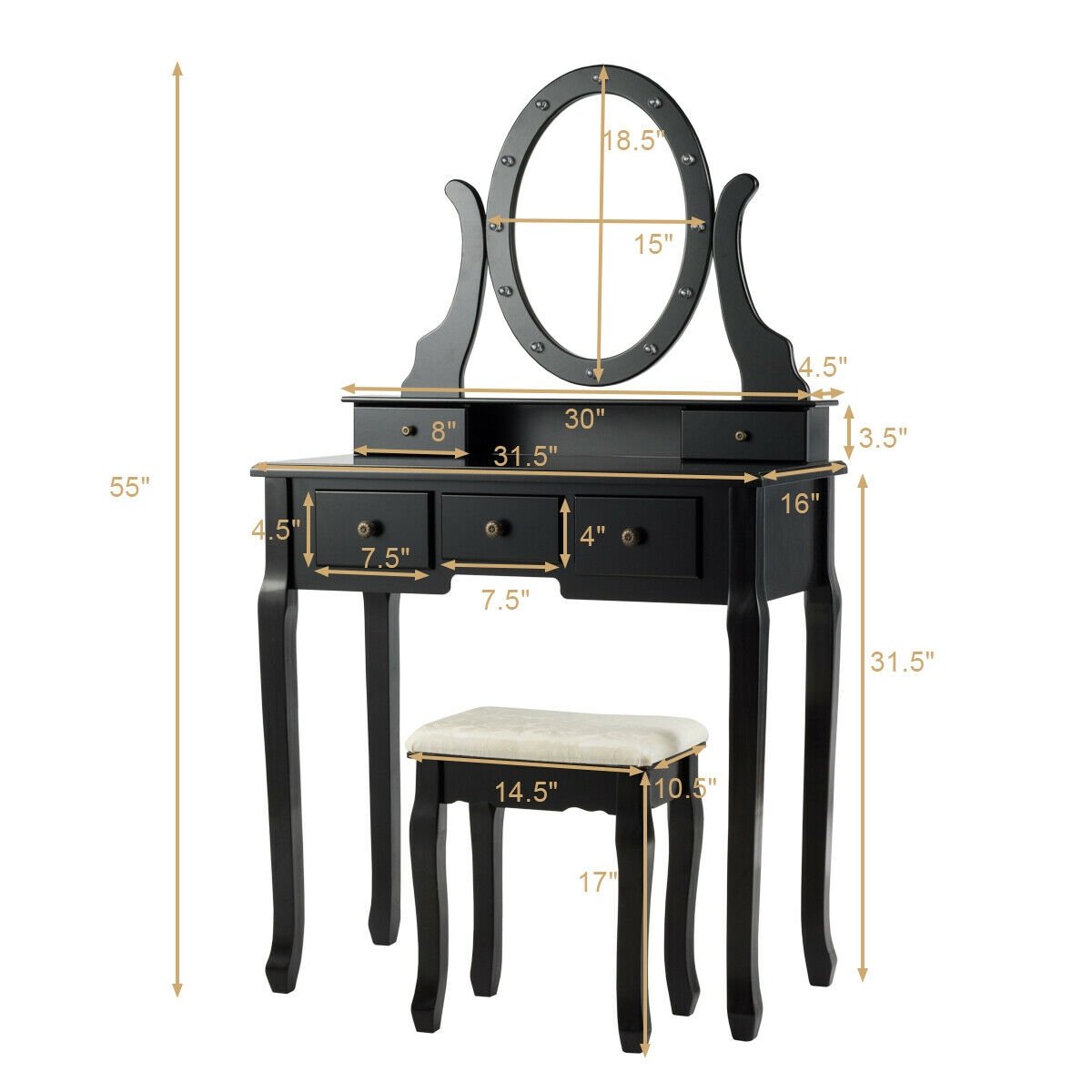 5 Drawers Vanity Table Stool Set with 12-LED Bulbs, Black - Gallery Canada