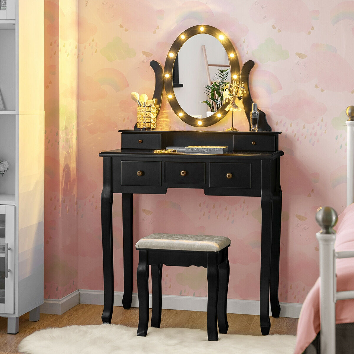 5 Drawers Vanity Table Stool Set with 12-LED Bulbs, Black Makeup Vanities at Gallery Canada
