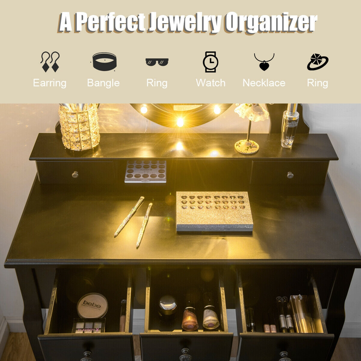 5 Drawers Vanity Table Stool Set with 12-LED Bulbs, Black Makeup Vanities at Gallery Canada