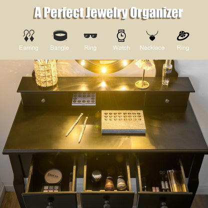 5 Drawers Vanity Table Stool Set with 12-LED Bulbs, Black Makeup Vanities at Gallery Canada