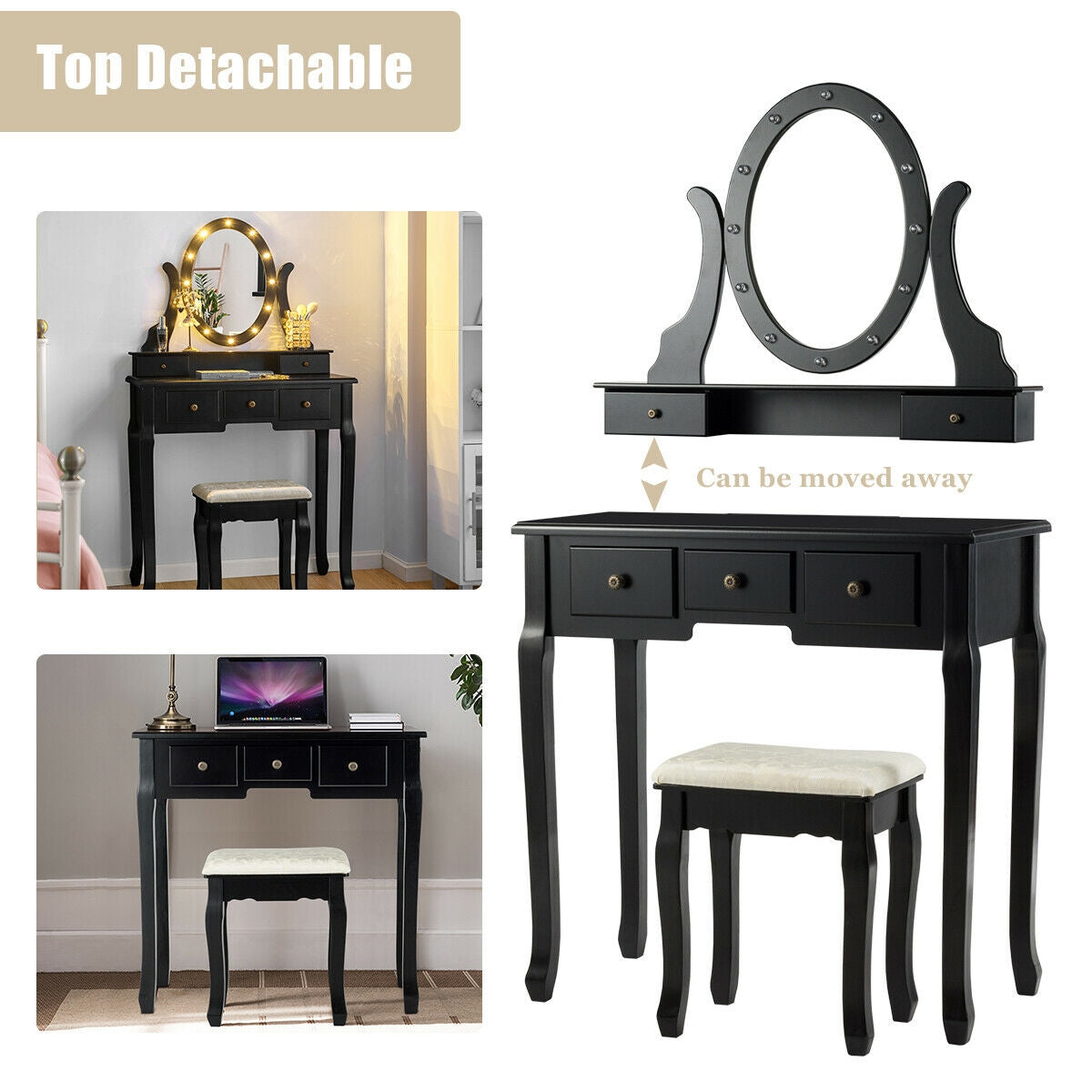 5 Drawers Vanity Table Stool Set with 12-LED Bulbs, Black Makeup Vanities at Gallery Canada