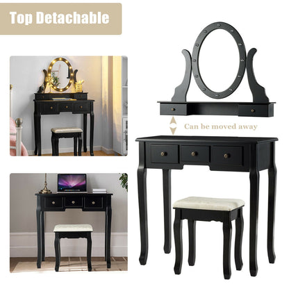 5 Drawers Vanity Table Stool Set with 12-LED Bulbs, Black Makeup Vanities at Gallery Canada