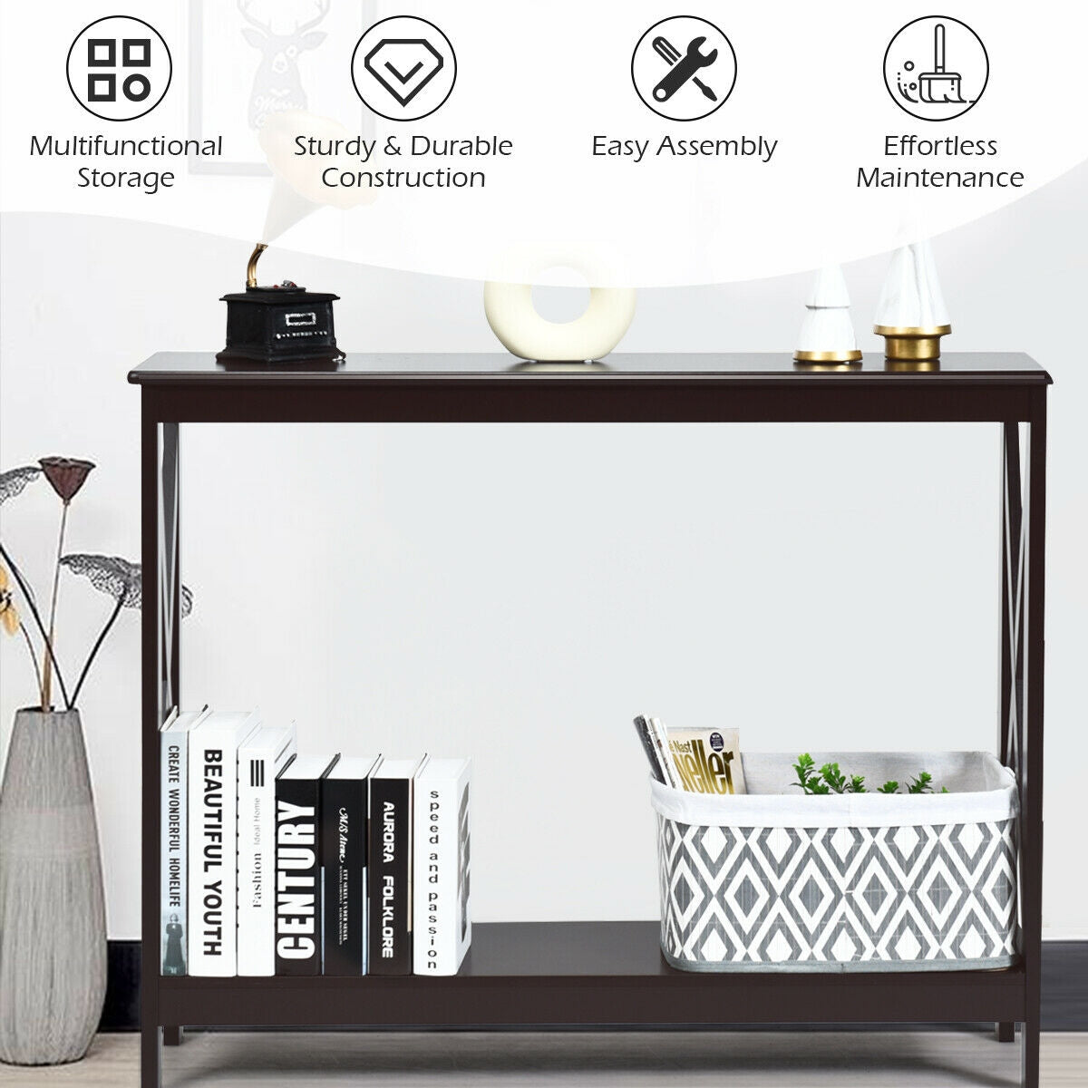 2-Tier Console Sofa Side Table, Dark Brown Console Tables at Gallery Canada