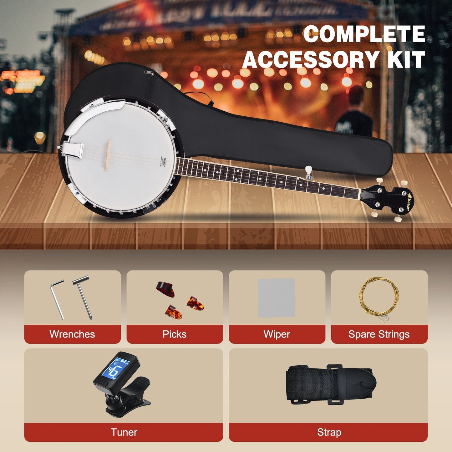 5-String Geared Tunable Banjo with case, Black - Gallery Canada