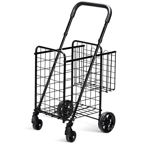 Folding Shopping Cart Basket, Rolling Trolley With Adjustable Handle, Black