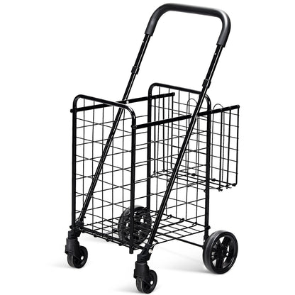 Folding Shopping Cart Basket, Rolling Trolley With Adjustable Handle, Black