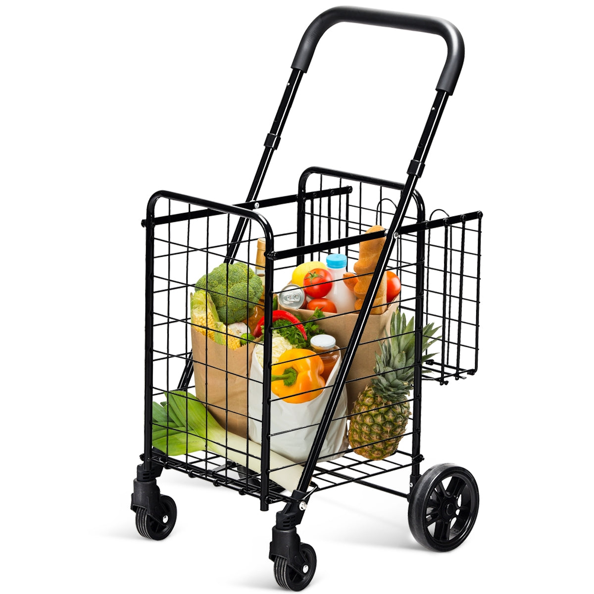 Folding Shopping Cart Basket Rolling Trolley with Adjustable Handle, Black Kitchen Tools at Gallery Canada