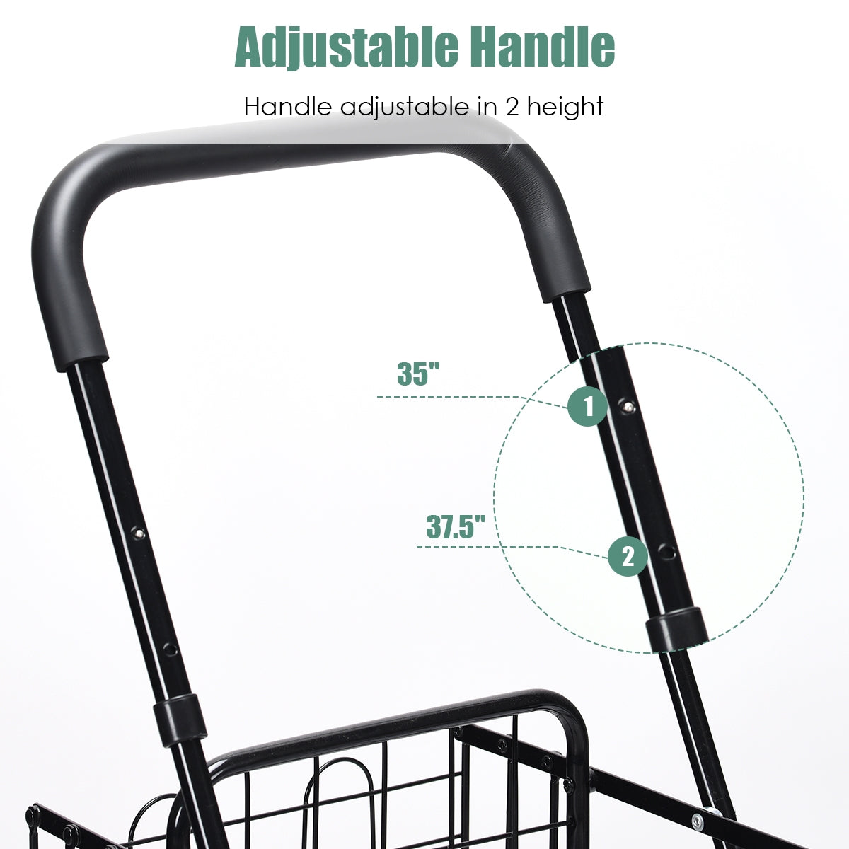 Folding Shopping Cart Basket Rolling Trolley with Adjustable Handle, Black Kitchen Tools at Gallery Canada